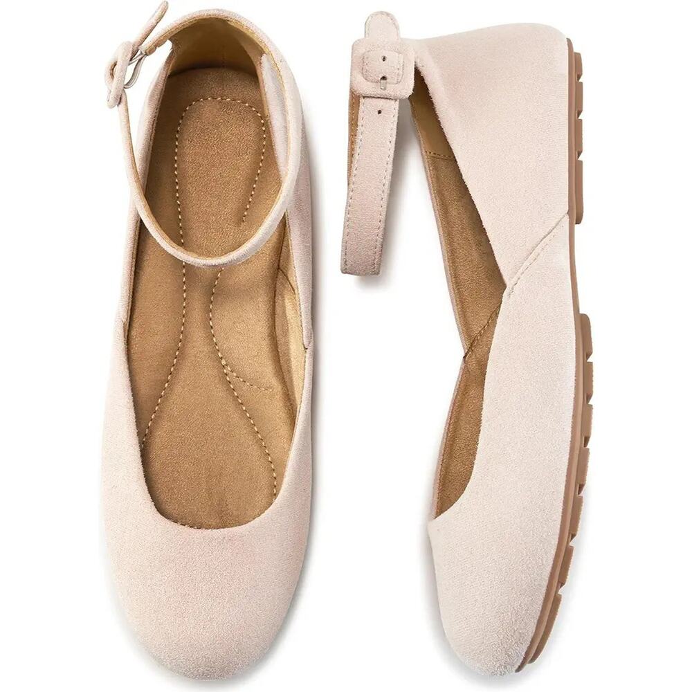 HARENCE Ballet Flats Shoes for Women: Comfortable Round Toe Ankle Strap Slip on